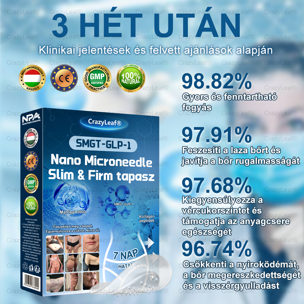 A Pécsi Tudományegyetem ajánlásával – Vezető GLP-1 tapasz Magyarországon HOUKEA® Nano Mikrotűs Tapasz SMGT-GLP-1 + Kollagén + Matrixyl 3000 Zsírégetés • Bőrfeszesítés • Vércukor-egyensúly • 7 nap alatt látható eredmény • Injekció nélkül